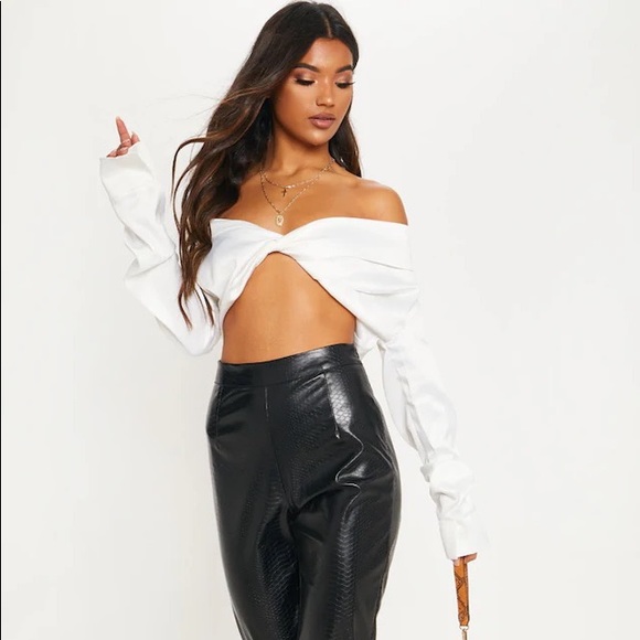 PRETTY LITTLE THING WHITE SATIN BARDOT BLOUSE - Picture 1 of 7